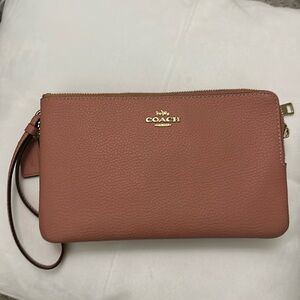 Large Coach Pebbled Leather Wristlet Peach/Pink